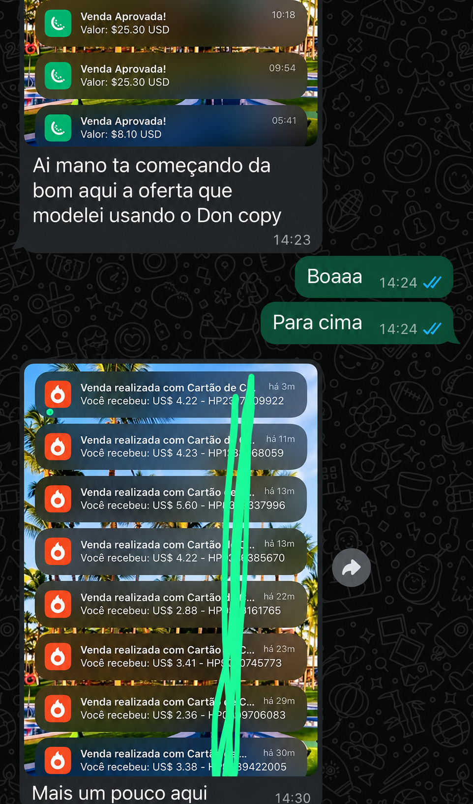 Depoimento com resultados de vendas em dólar após modelar uma oferta no DonCopy