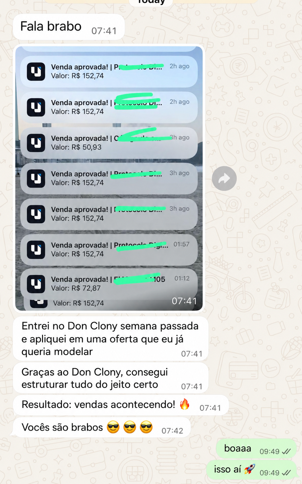 Depoimento em conversa sobre vendas acontecendo usando DonClony